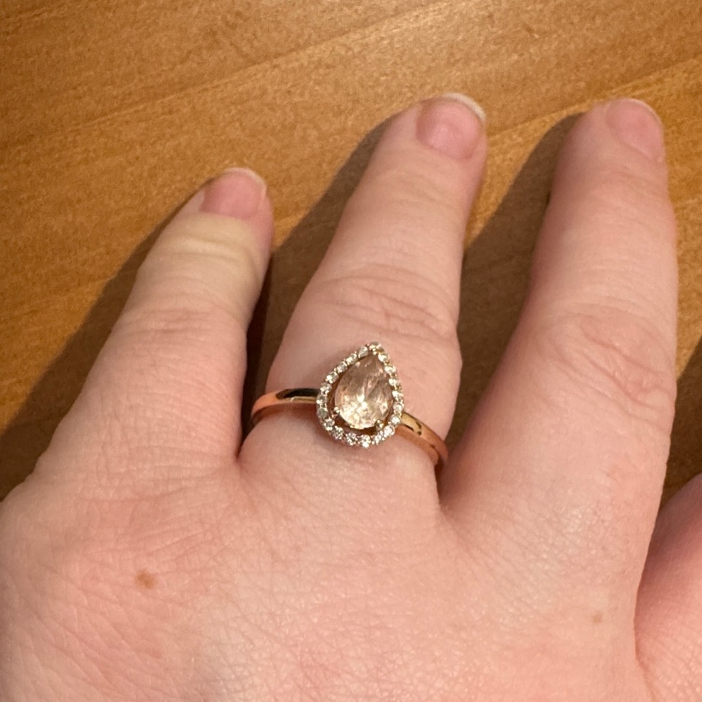 Rose Gold Teardrop Halo Ring with Champagne Stone
